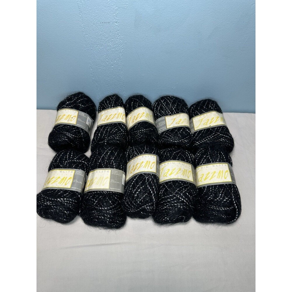 Lot of 10 Classic Elite JAZZMO Yarn Skeins Black Silver Metallic Sparkle Retired
